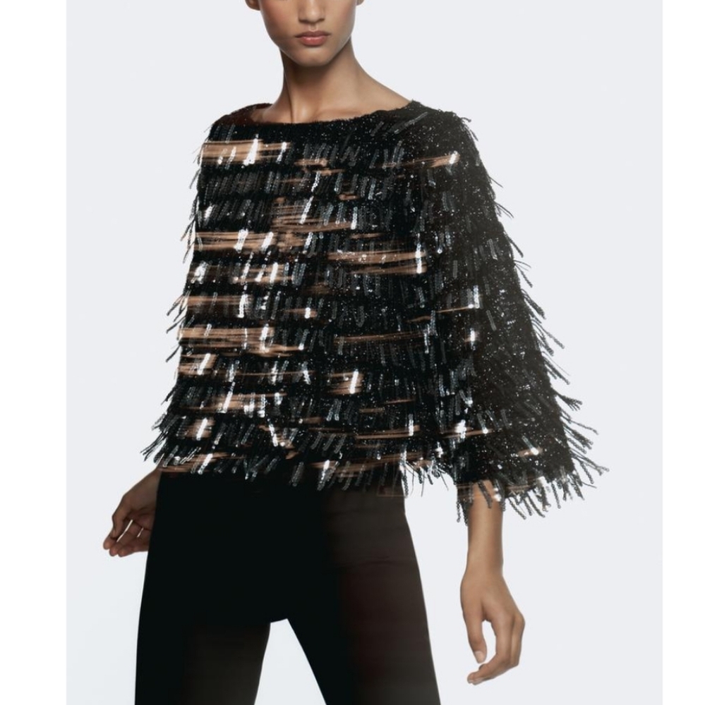 NWT Zara Black Silver Sequin Fringe Top
